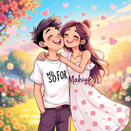 A romantic and vibrant illustration showcasing a young couple sharing a playful, energetic kiss