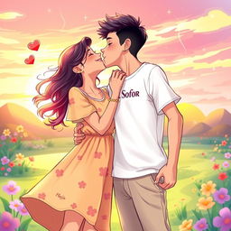 A romantic and vibrant illustration showcasing a young couple sharing a playful, energetic kiss