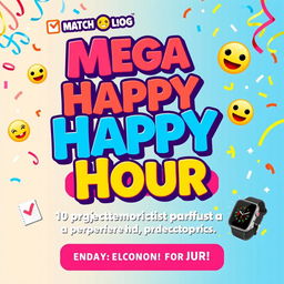 A vibrant and colorful promotional graphic for a Mega Happy Hour event, featuring bold text with emojis to convey excitement