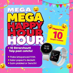 A vibrant and colorful promotional graphic for a Mega Happy Hour event, featuring bold text with emojis to convey excitement