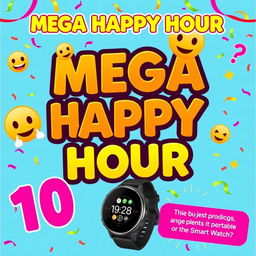 A vibrant and colorful promotional graphic for a Mega Happy Hour event, featuring bold text with emojis to convey excitement