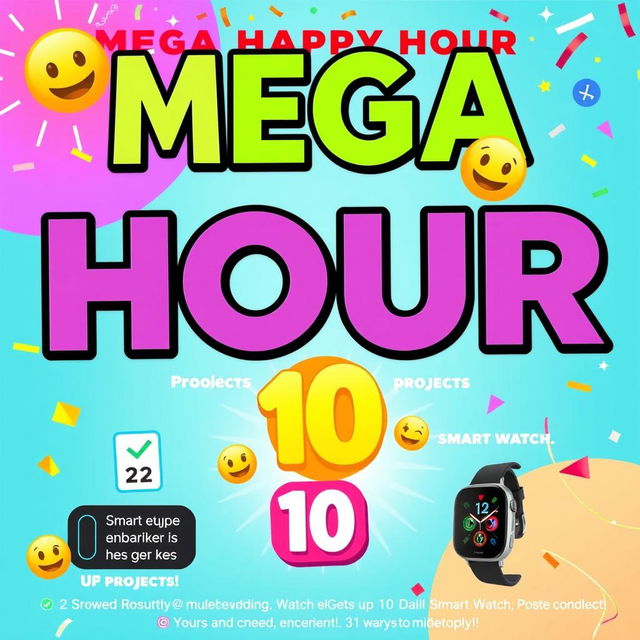 A vibrant and colorful promotional graphic for a Mega Happy Hour event, featuring bold text with emojis to convey excitement