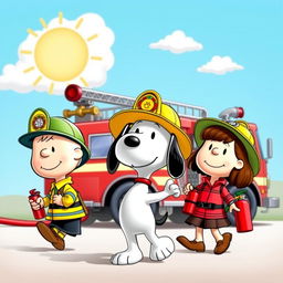 Characters from the Peanuts comic strip, including Charlie Brown, Snoopy, and Lucy, dressed in colorful firefighter uniforms, radiating energy and charm