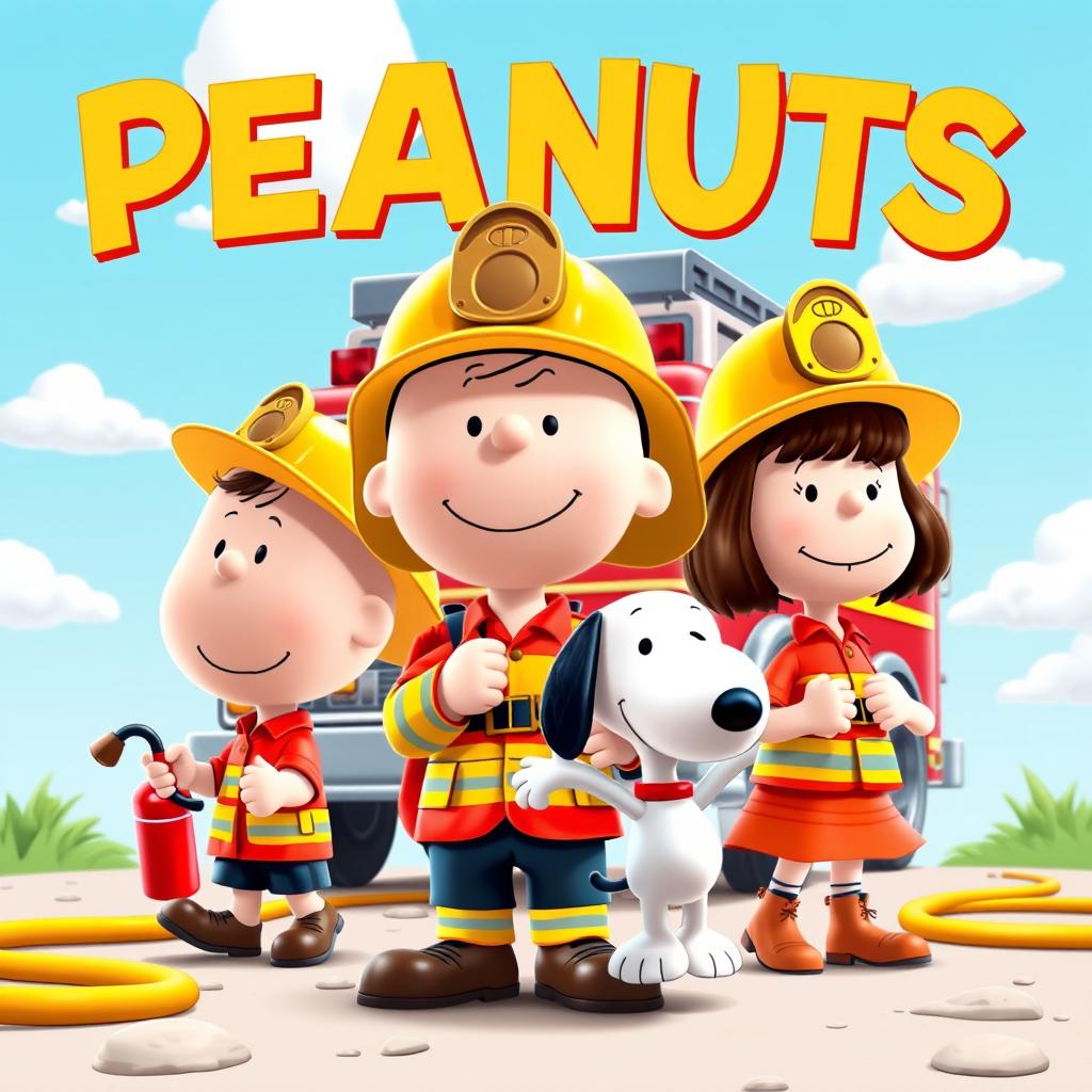 Characters from the Peanuts comic strip, including Charlie Brown, Snoopy, and Lucy, dressed in colorful firefighter uniforms, radiating energy and charm