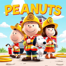 Characters from the Peanuts comic strip, including Charlie Brown, Snoopy, and Lucy, dressed in colorful firefighter uniforms, radiating energy and charm