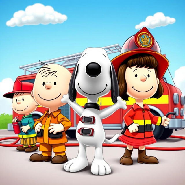 Characters from the Peanuts comic strip, including Charlie Brown, Snoopy, and Lucy, dressed in colorful firefighter uniforms, radiating energy and charm