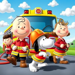 Characters from the Peanuts comic strip, including Charlie Brown, Snoopy, and Lucy, dressed in colorful firefighter uniforms, radiating energy and charm