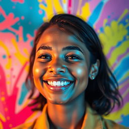 A portrait of a person with a normal bright skin tone, smiling and exuding happiness