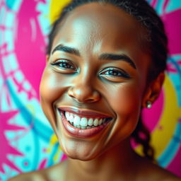 A portrait of a person with a normal bright skin tone, smiling and exuding happiness