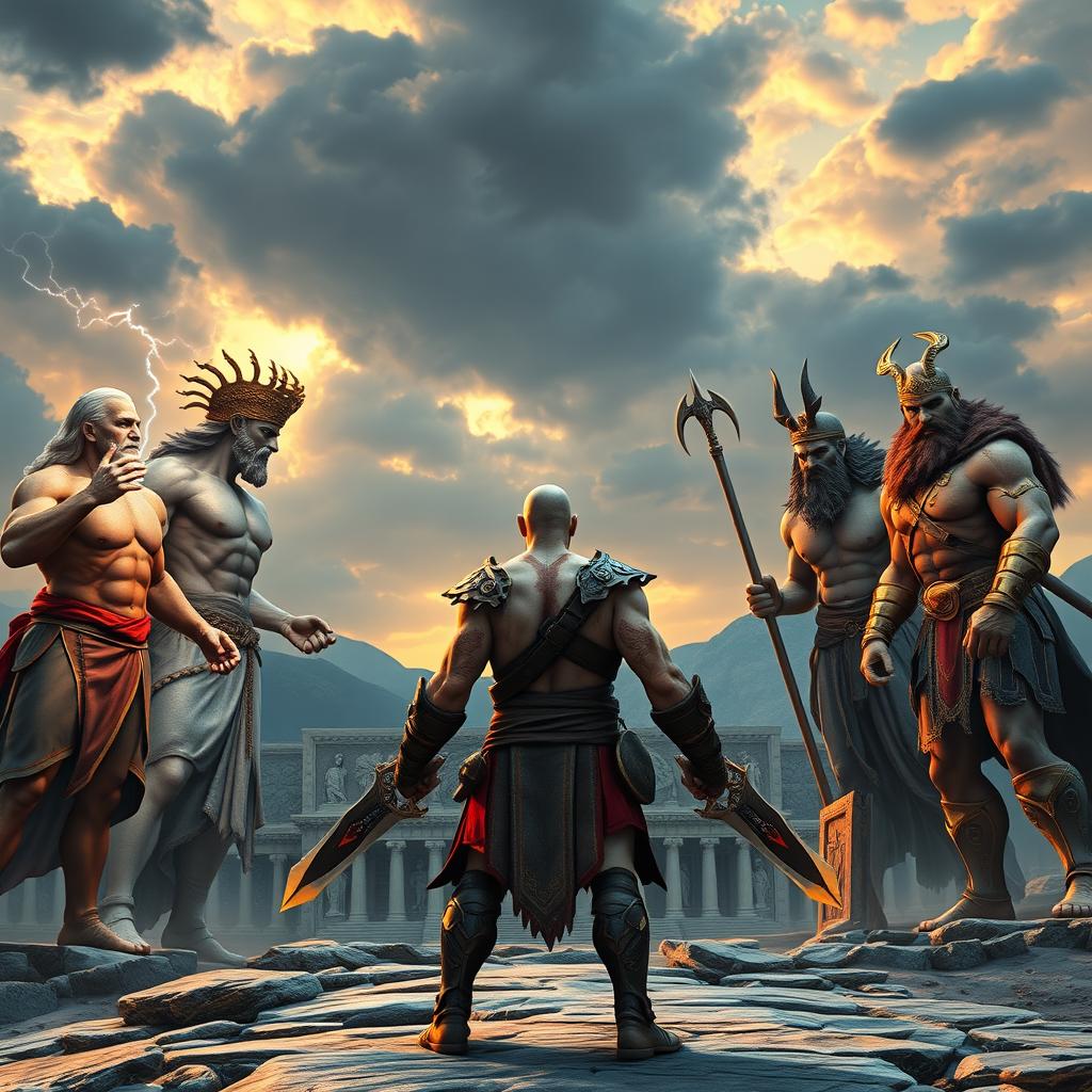 A powerful warrior named Kratos stands defiantly, facing the majestic gods of Olympus