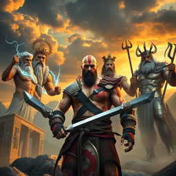 A powerful warrior named Kratos stands defiantly, facing the majestic gods of Olympus