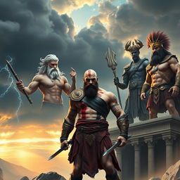 A powerful warrior named Kratos stands defiantly, facing the majestic gods of Olympus
