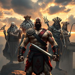 A powerful warrior named Kratos stands defiantly, facing the majestic gods of Olympus