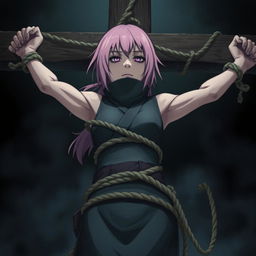 A dramatic scene illustrating the poignant moment of Sakura Haruno's death from Naruto, bound and crucified with ropes