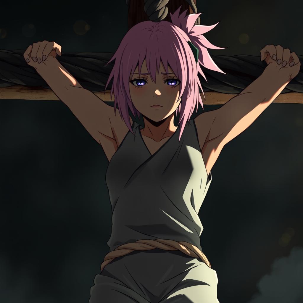 A dramatic scene illustrating the poignant moment of Sakura Haruno's death from Naruto, bound and crucified with ropes