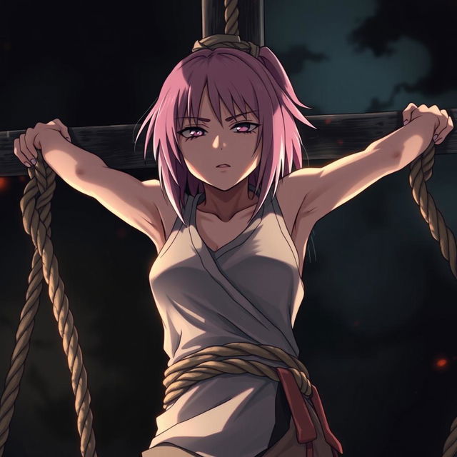 A dramatic scene illustrating the poignant moment of Sakura Haruno's death from Naruto, bound and crucified with ropes