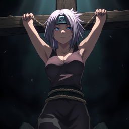 A dramatic scene illustrating the poignant moment of Sakura Haruno's death from Naruto, bound and crucified with ropes