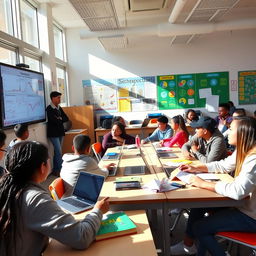 A modern classroom environment, filled with diverse students engaging in various research activities