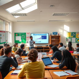 A modern classroom environment, filled with diverse students engaging in various research activities