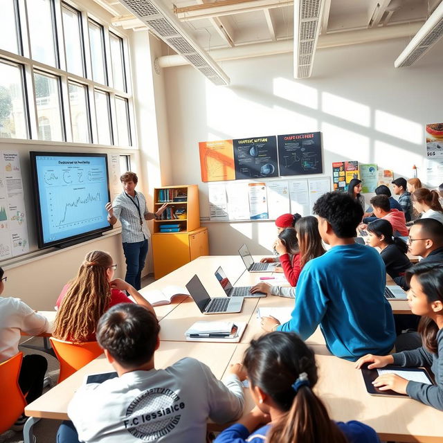A modern classroom environment, filled with diverse students engaging in various research activities
