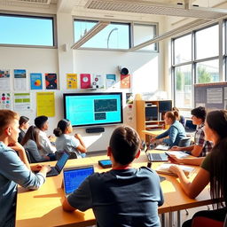 A modern classroom environment, filled with diverse students engaging in various research activities