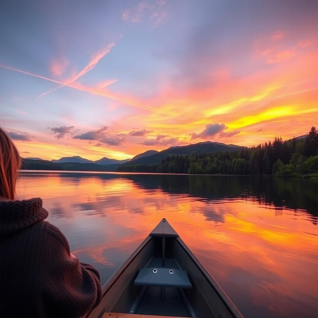 A serene landscape featuring a peaceful lake at sunset, surrounded by lush green forests and mountains in the background