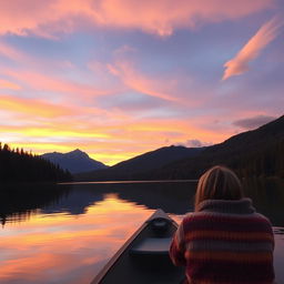 A serene landscape featuring a peaceful lake at sunset, surrounded by lush green forests and mountains in the background