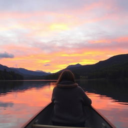 A serene landscape featuring a peaceful lake at sunset, surrounded by lush green forests and mountains in the background