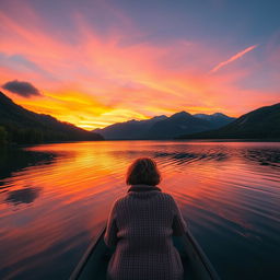 A serene landscape featuring a peaceful lake at sunset, surrounded by lush green forests and mountains in the background