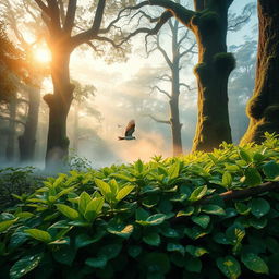 A stunning, vibrant wallpaper design featuring an ethereal forest scene at dawn