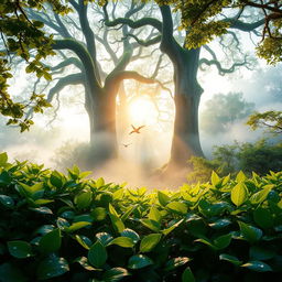 A stunning, vibrant wallpaper design featuring an ethereal forest scene at dawn