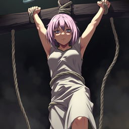 A dramatic scene illustrating the poignant moment of Sakura Haruno's death from Naruto, bound and crucified with ropes