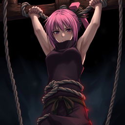 A dramatic scene illustrating the poignant moment of Sakura Haruno's death from Naruto, bound and crucified with ropes