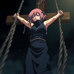 A dramatic scene illustrating the poignant moment of Sakura Haruno's death from Naruto, bound and crucified with ropes