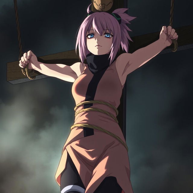 A dramatic scene illustrating the poignant moment of Sakura Haruno's death from Naruto, bound and crucified with ropes