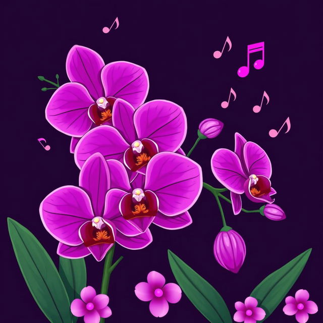 A vibrant cartoon-style album cover featuring a stunning orchid design that dominates the scene