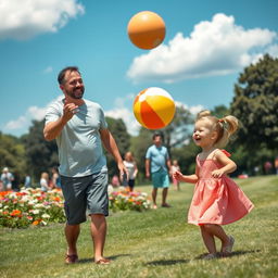 A heartwarming scene of a loving uncle and his young niece playing in a sunny park, with flowers in bloom and soft green grass
