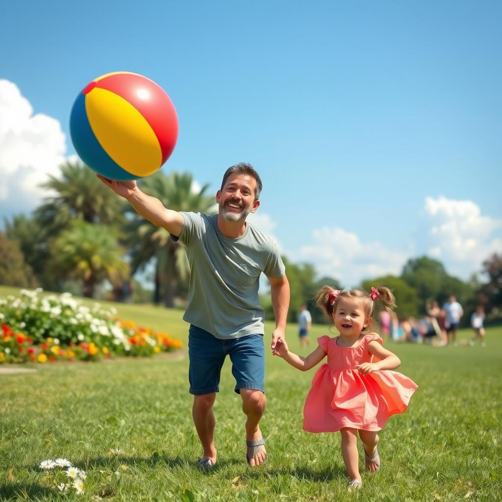 A heartwarming scene of a loving uncle and his young niece playing in a sunny park, with flowers in bloom and soft green grass