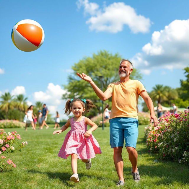 A heartwarming scene of a loving uncle and his young niece playing in a sunny park, with flowers in bloom and soft green grass