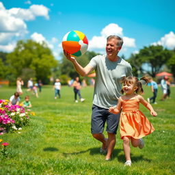 A heartwarming scene of a loving uncle and his young niece playing in a sunny park, with flowers in bloom and soft green grass