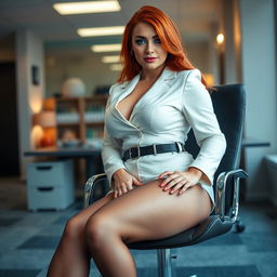 A sexy, beautiful, curvy voluptuous woman with a thin face, long flame red hair, and captivating crystal blue eyes