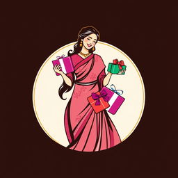 A logo design for a return gift business featuring a woman elegantly dressed in traditional attire, joyfully giving beautifully wrapped gifts to others
