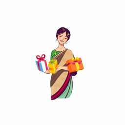 A logo design for a return gift business featuring a woman elegantly dressed in traditional attire, joyfully giving beautifully wrapped gifts to others