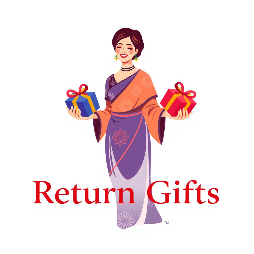 A logo design for a return gift business featuring a woman elegantly dressed in traditional attire, joyfully giving beautifully wrapped gifts to others