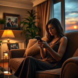 A dramatic scene depicting an elegant living room with a woman in a stylish dress sitting on a plush sofa, looking distressed as she checks her phone, revealing a text message from another man