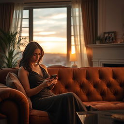 A dramatic scene depicting an elegant living room with a woman in a stylish dress sitting on a plush sofa, looking distressed as she checks her phone, revealing a text message from another man