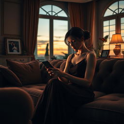 A dramatic scene depicting an elegant living room with a woman in a stylish dress sitting on a plush sofa, looking distressed as she checks her phone, revealing a text message from another man