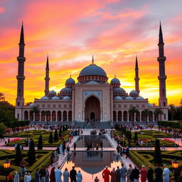 A stunning view of a grand mosque at sunset, showcasing intricate architectural details like arabesque patterns and high minarets against a vibrant sky painted in hues of orange and pink
