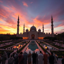 A stunning view of a grand mosque at sunset, showcasing intricate architectural details like arabesque patterns and high minarets against a vibrant sky painted in hues of orange and pink