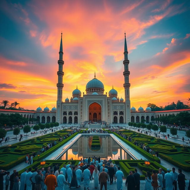 A stunning view of a grand mosque at sunset, showcasing intricate architectural details like arabesque patterns and high minarets against a vibrant sky painted in hues of orange and pink